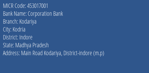 Corporation Bank Kodariya MICR Code