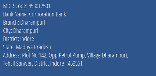 Corporation Bank Dharampuri MICR Code