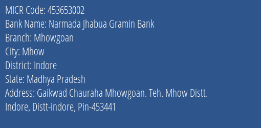 Bank Of India Mhowgoan Branch Address Details and MICR Code 453653002