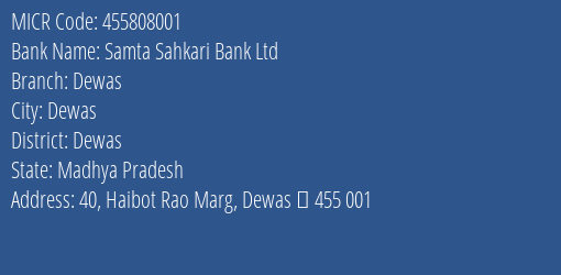 Samta Sahkari Bank Ltd Dewas MICR Code