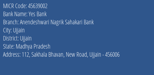 Anendeshwari Nagrik Sahakari Bank Sakhala Bhavan MICR Code