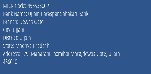 Ujjain Paraspar Sahakari Bank Dewas Gate MICR Code