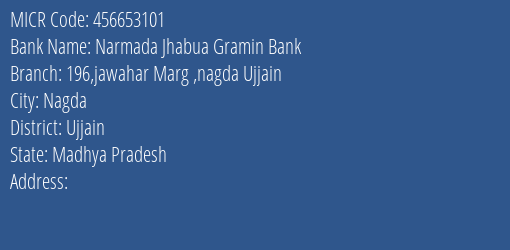 Narmada Jhabua Gramin Bank 196 Jawahar Marg Nagda Ujjain MICR Code