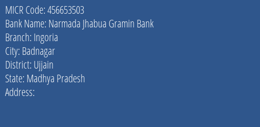 Narmada Jhabua Gramin Bank Ingoria MICR Code