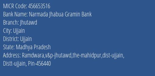Narmada Jhabua Gramin Bank Jhutawd MICR Code
