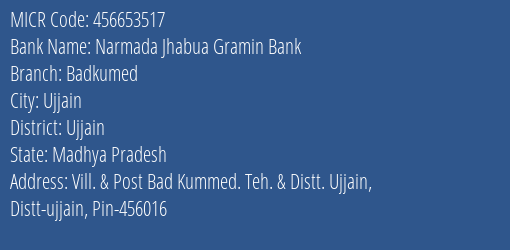 Narmada Jhabua Gramin Bank Badkumed MICR Code