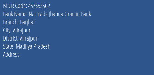 Narmada Jhabua Gramin Bank Barjhar MICR Code