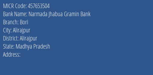 Narmada Jhabua Gramin Bank Bori MICR Code