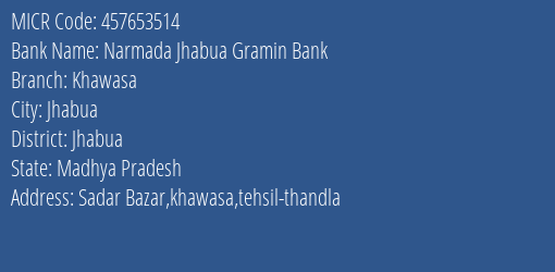 Narmada Jhabua Gramin Bank Khawasa MICR Code