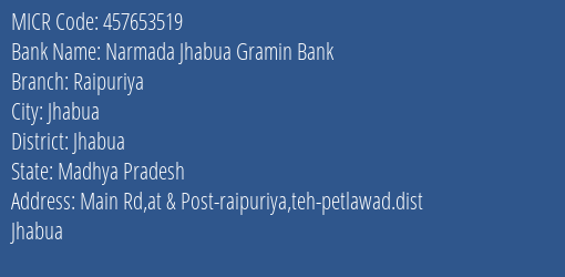 Narmada Jhabua Gramin Bank Raipuriya MICR Code