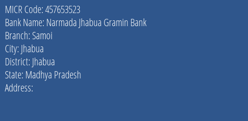 Narmada Jhabua Gramin Bank Samoi MICR Code