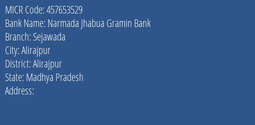 Narmada Jhabua Gramin Bank Sejawada MICR Code
