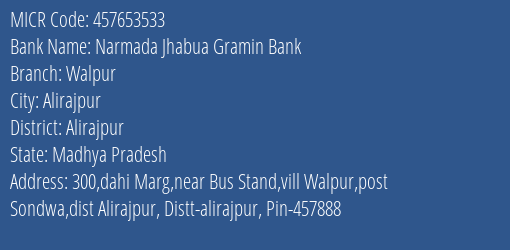 Narmada Jhabua Gramin Bank Walpur MICR Code