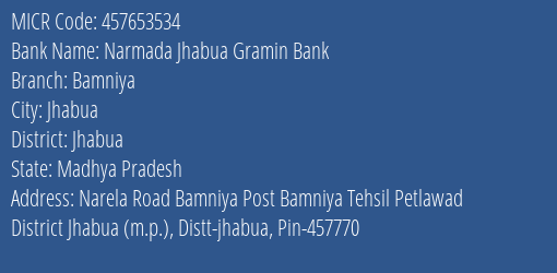 Narmada Jhabua Gramin Bank Bamniya MICR Code