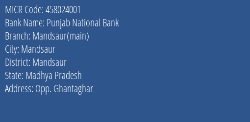Punjab National Bank Mandsaur Main Branch Address Details and MICR Code 458024001