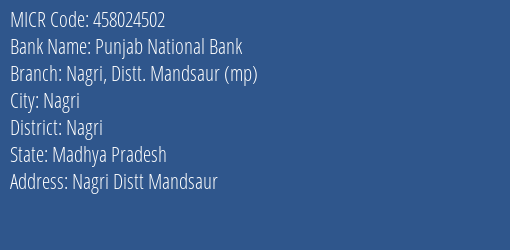 Punjab National Bank Nagri, Distt. Mandsaur (mp) Branch Address Details and MICR Code 458024502