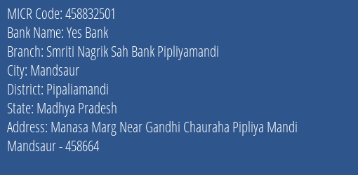 Smriti Nagrik Sahkari Bank Pipliyamandi MICR Code