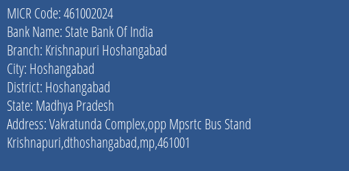 State Bank Of India Krishnapuri Hoshangabad Branch MICR Code 461002024