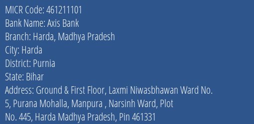 Axis Bank Harda Madhya Pradesh MICR Code