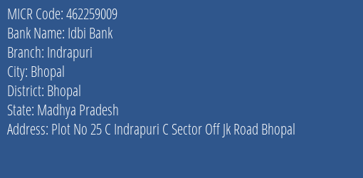 Idbi Bank Indrapuri MICR Code