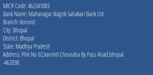 Mahanagar Nagrik Sahakari Bank Ltd Korond MICR Code