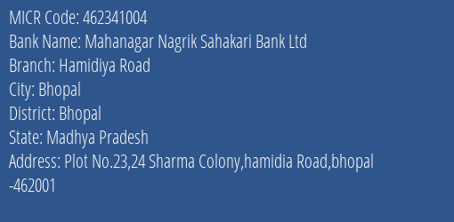 Mahanagar Nagrik Sahakari Bank Ltd Hamidiya Road MICR Code