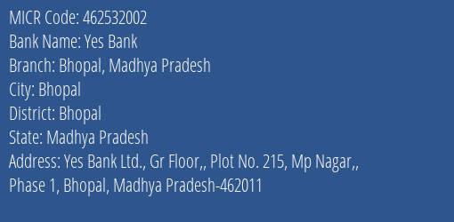 Yes Bank Bhopal Madhya Pradesh MICR Code