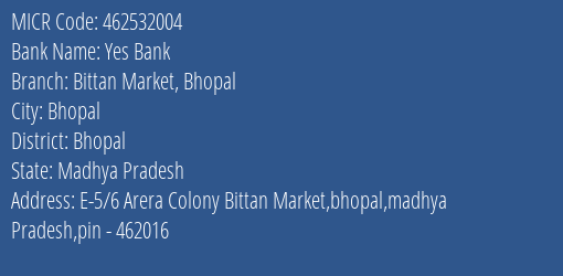 Yes Bank Bittan Market Bhopal MICR Code
