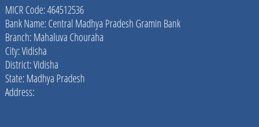 Central Madhya Pradesh Gramin Bank Mahaluva Chouraha MICR Code