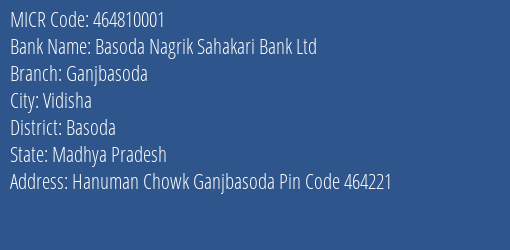 Basoda Nagrik Sahakari Bank Ltd Ganjbasoda MICR Code