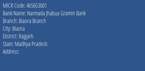 Narmada Jhabua Gramin Bank Biaora Branch MICR Code