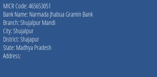 Narmada Jhabua Gramin Bank Shujalpur Mandi MICR Code