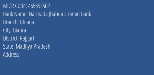 Narmada Jhabua Gramin Bank Bhiana MICR Code
