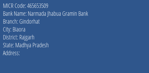 Narmada Jhabua Gramin Bank Gindorhat MICR Code