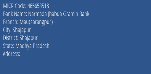 Narmada Jhabua Gramin Bank Mau Sarangpur MICR Code