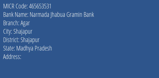 Narmada Jhabua Gramin Bank Agar MICR Code