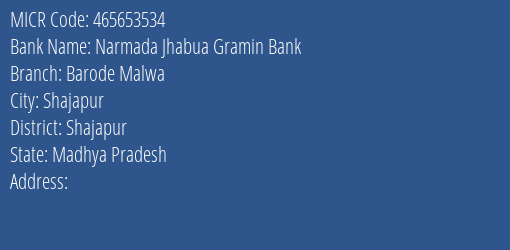 Narmada Jhabua Gramin Bank Barode Malwa MICR Code