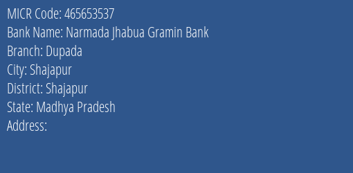 Narmada Jhabua Gramin Bank Dupada MICR Code