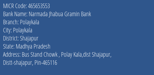 Narmada Jhabua Gramin Bank Polaykala MICR Code