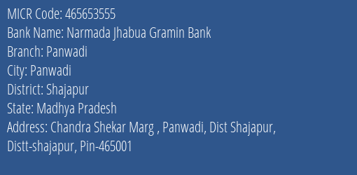 Narmada Jhabua Gramin Bank Panwadi MICR Code