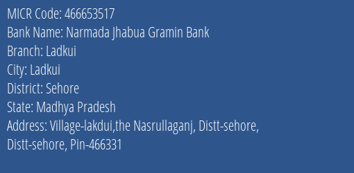 Narmada Jhabua Gramin Bank Ladkui MICR Code