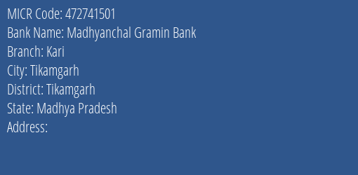 Madhyanchal Gramin Bank Kari MICR Code