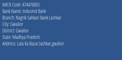 Nagrik Sahkari Bank Lashkar MICR Code