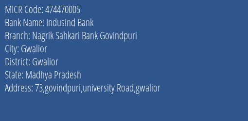 Nagrik Sahkari Bank Govindpuri MICR Code