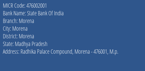 State Bank Of India Morena Branch Address Details and MICR Code 476002001