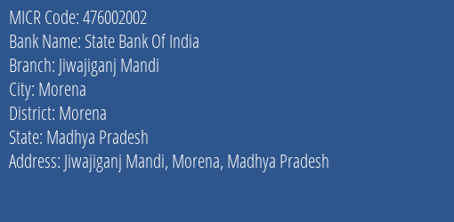 State Bank Of India Jiwajiganj Mandi Branch Address Details and MICR Code 476002002