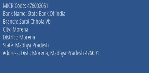 State Bank Of India Sarai Chhola Vb Branch Address Details and MICR Code 476002051