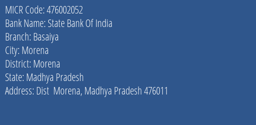 State Bank Of India Basaiya Branch Address Details and MICR Code 476002052