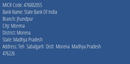 State Bank Of India Jhundpur Branch Address Details and MICR Code 476002055