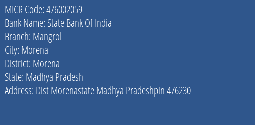 State Bank Of India Mangrol Branch Address Details and MICR Code 476002059